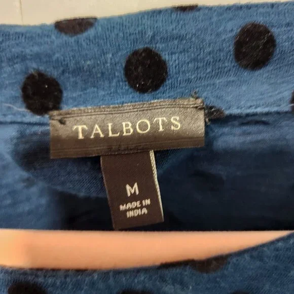 Talbots Women's Blue Top with Black Velvet Polka Dots Long Sleeve Shirt Medium - Picture 2 of 3